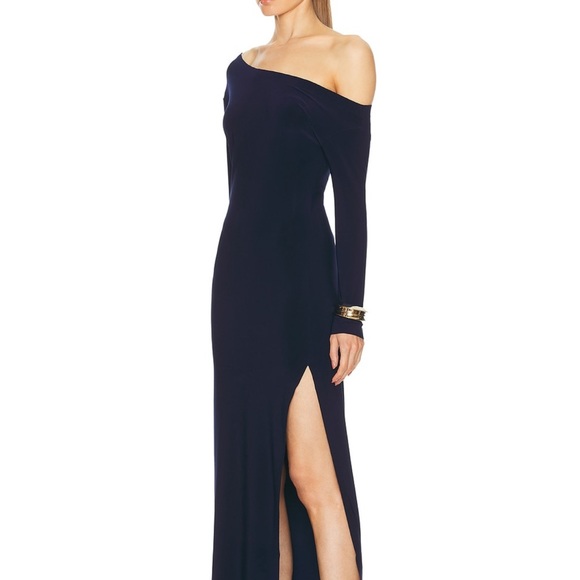 Norma Kamali Dress- Long Sleeve Drop Shoulder Side Slit Gown - True Navy-Large - Picture 3 of 14